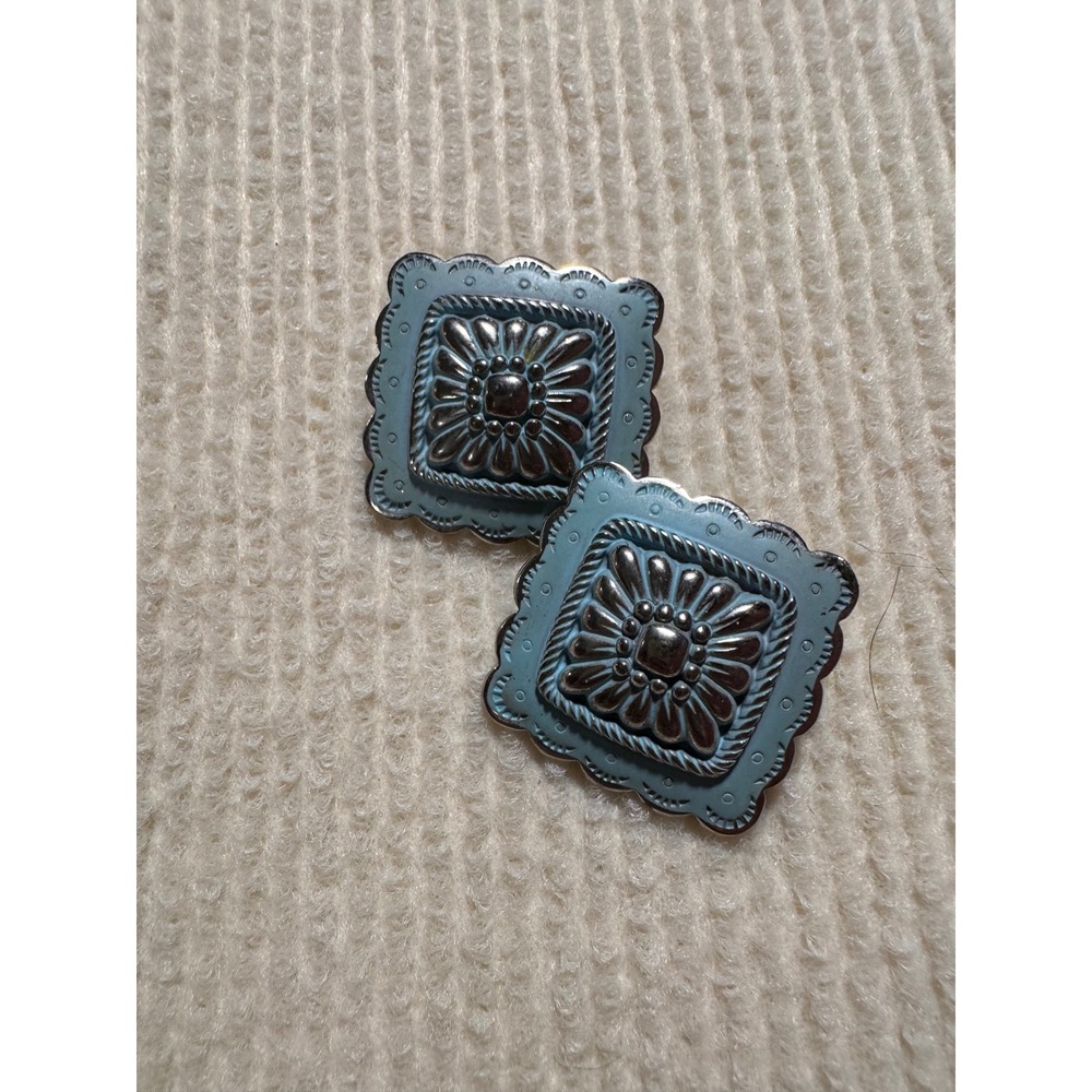 Vintage JJ Jonette Jewelry Blue Enamel Silver Tone Square Clip On Earrings Boho